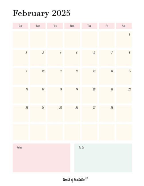 february 2025 calendar with pastel colors and note sections