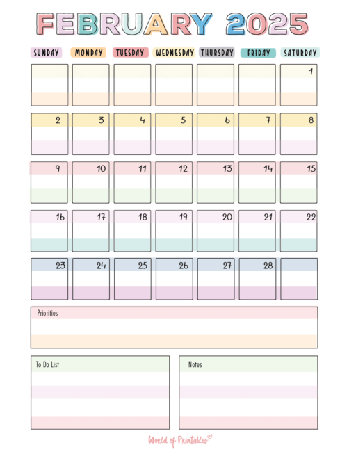 february 2025 calendar with pastel colors and priorities and to-do list and notes sections