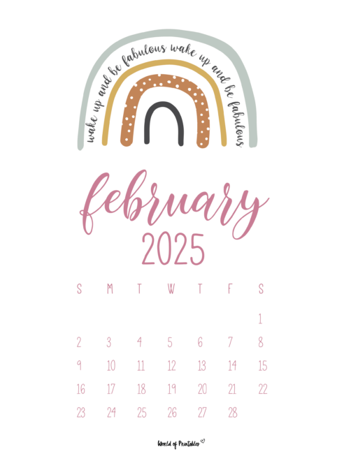 february 2025 calendar with pastel rainbow and pink script font