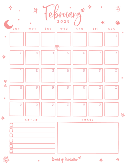 february 2025 calendar with pink outline and to-do and notes sections