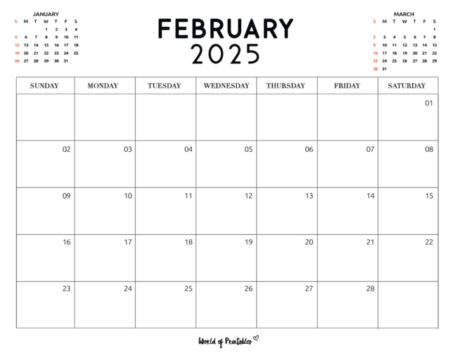february 2025 calendar with previous and next month mini calendars