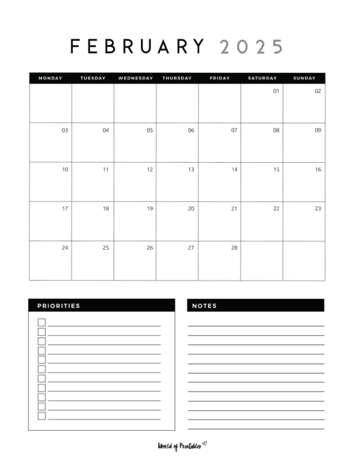 february 2025 calendar with priorities and notes sections and starting Monday.