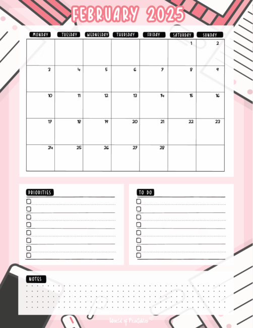february 2025 calendar with priorities and to-do and and notes sections on pink background