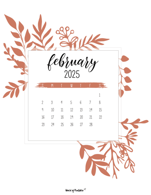 february 2025 calendar with terracotta leaves and elegant script font