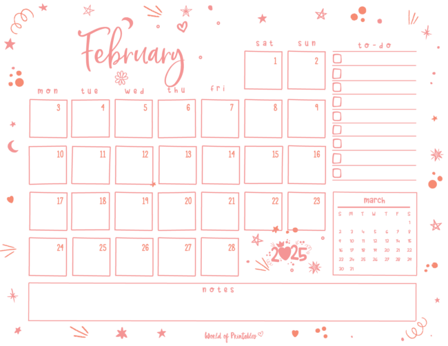february 2025 calendar with to-do list note and February preview in a pink theme