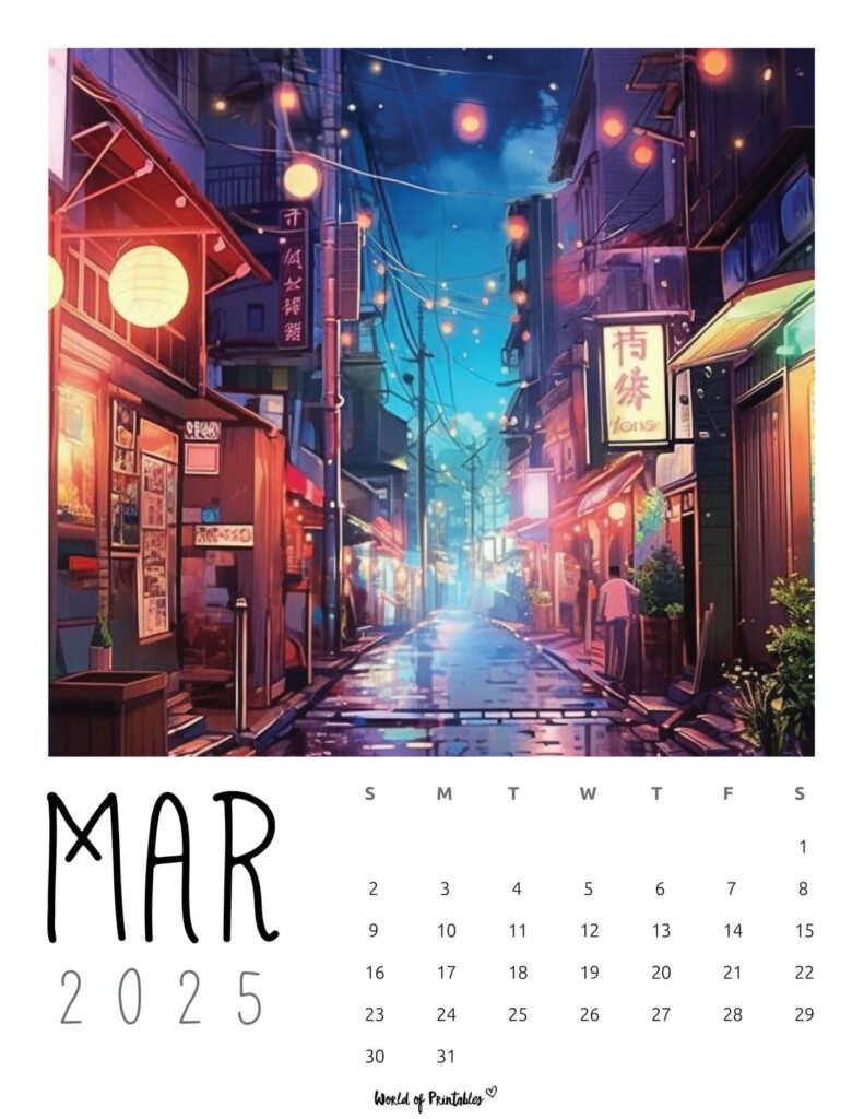 march 2025 calendar with anime street illustration