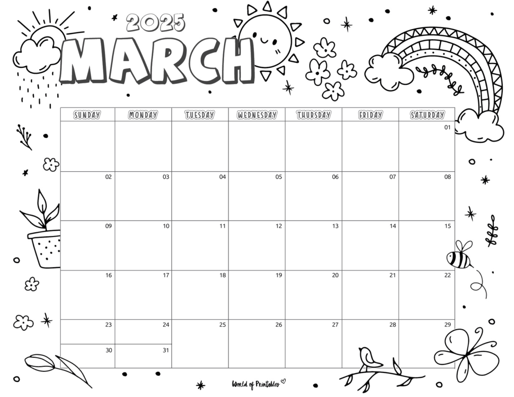 march 2025 calendar with cute spring-themed doodles and ample writing space