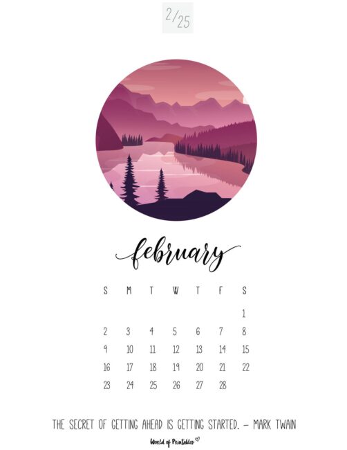 scenic landscape february calendar with motivational quote and minimalist design
