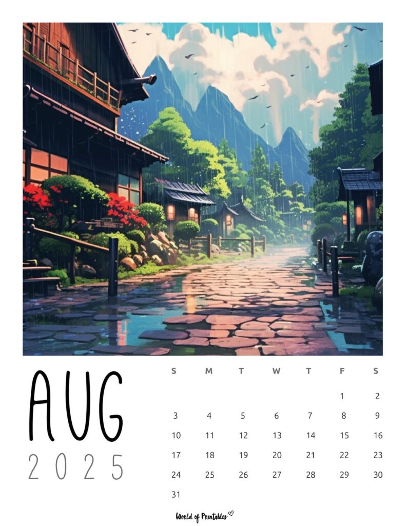August 2025 Calendar With Anime Scenic Illustration