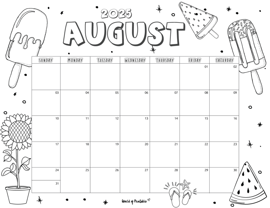 August 2025 Calendar With Cute Summer-Themed Doodles and Ample Writing Space