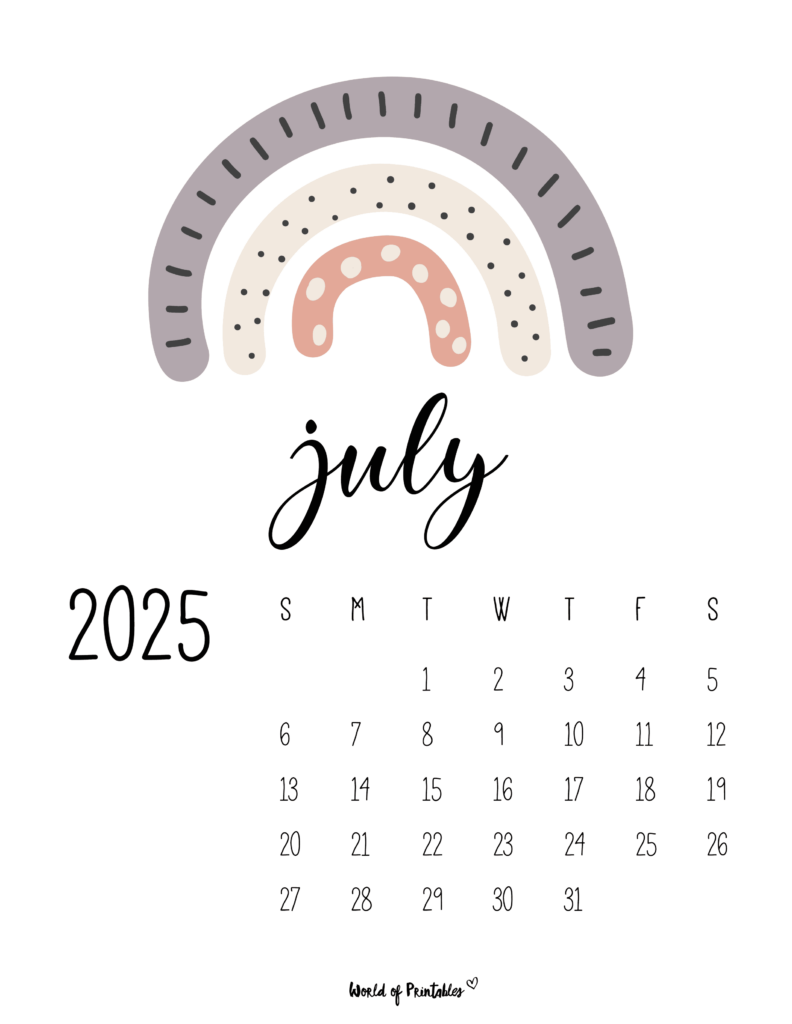 Cute July 2025 Calendar With Pastel Rainbow Illustration