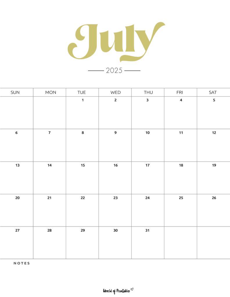 July 2025 Calendar With Bold Header in a Minimalistic Design With a Notes Section