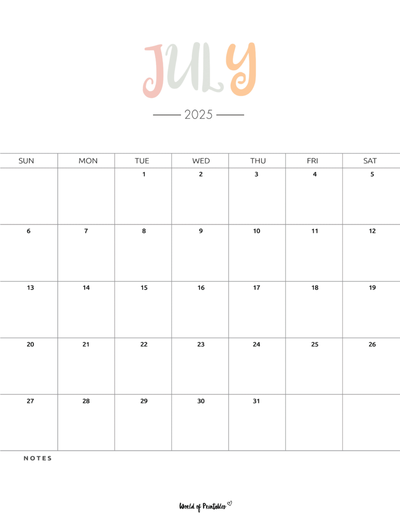 July 2025 Calendar With Colorful Header and Minimalistic Design and a Notes Section