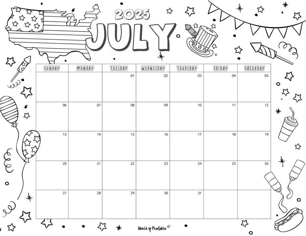 July 2025 Calendar With Cute July-Themed Doodles and Ample Writing Space
