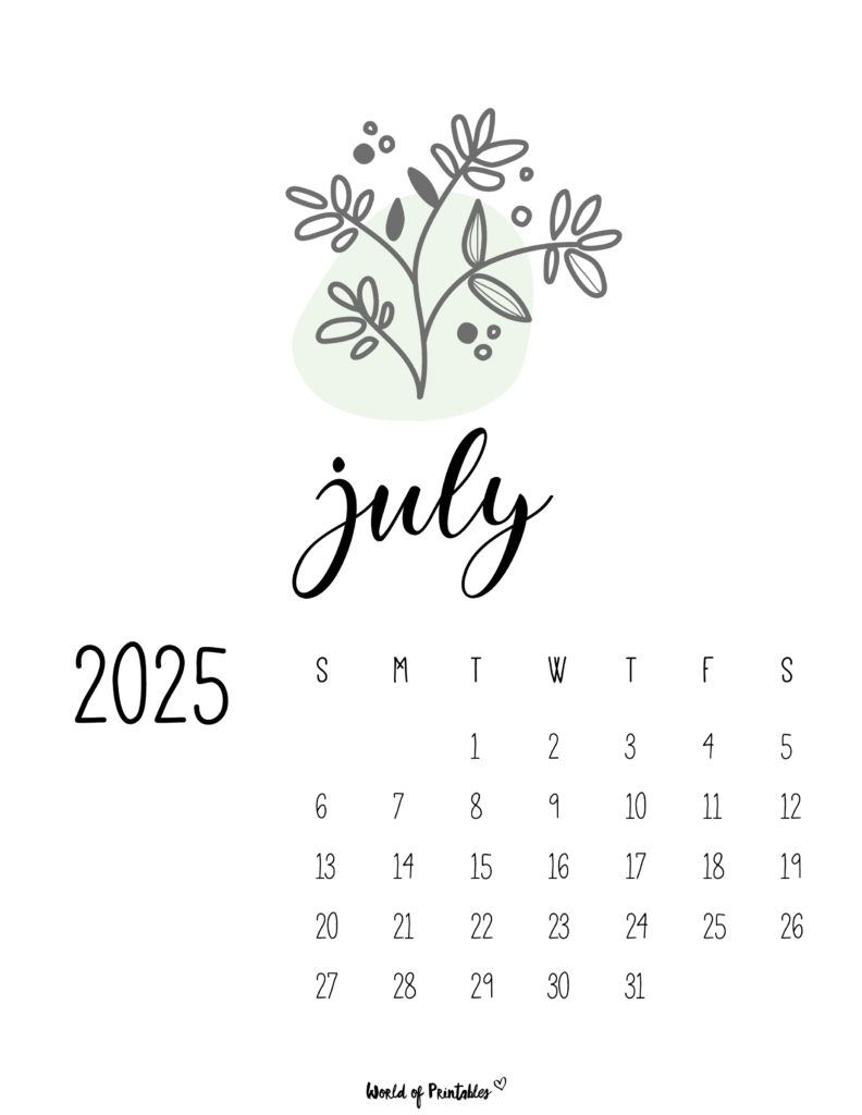 July 2025 Calendar With Minimalist Floral Design and Modern Typography