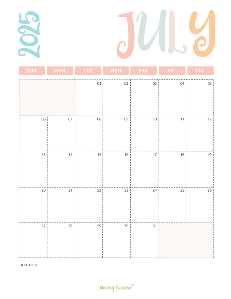 Pastel-Themed July 2025 Calendar With Colorful Headers and Dotted Date Boxes