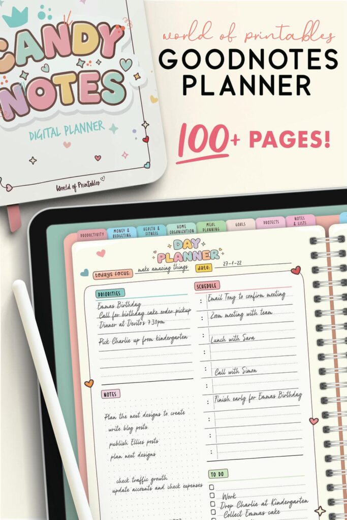 Candy Notes Digital Planner designed for Goodnotes and other apps, featuring 100+ pages of colorful layouts to organize your life with fun and creativity.