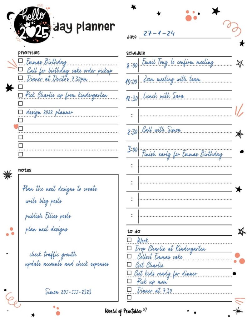 Hello 2025 Cute Daily Planner Example