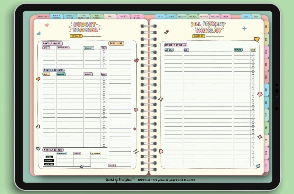 Budget Tracker and Bill Payment Checklist from the Candy Notes Digital Planner, designed to help users track income, expenses, and bills in a colorful, organized layout.