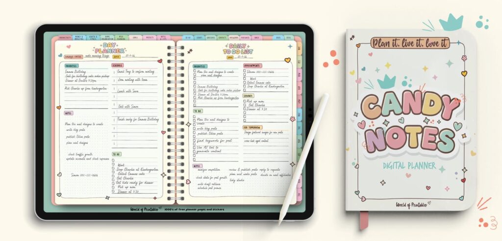 Candy Notes Digital Planner overview image, showcasing the Day Planner and Daily To-Do List pages displayed on a tablet alongside the planner cover design, featuring a playful and colorful aesthetic.