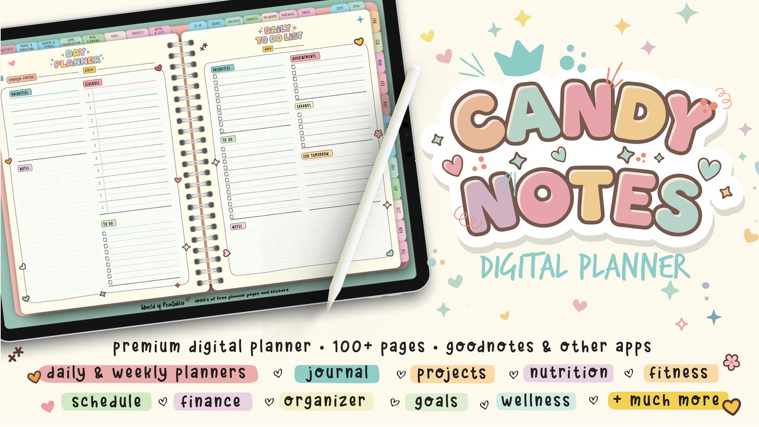 Promotional image for the Candy Notes Digital Planner, highlighting the colorful and playful design with over 100 pages for daily and weekly planning, journaling, scheduling, finances, goals, and wellness, compatible with Goodnotes and other apps.