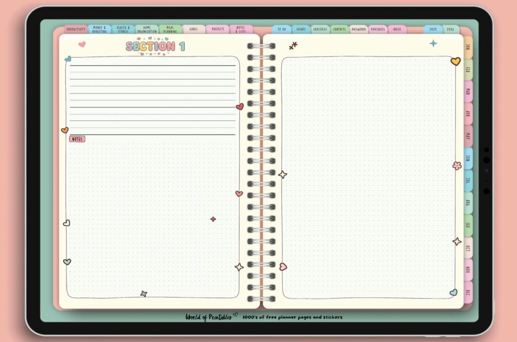 Customizable Section page from the Candy Notes Digital Planner, offering a flexible layout for notes, brainstorming, journaling, or tracking unique goals in a clean and colorful design