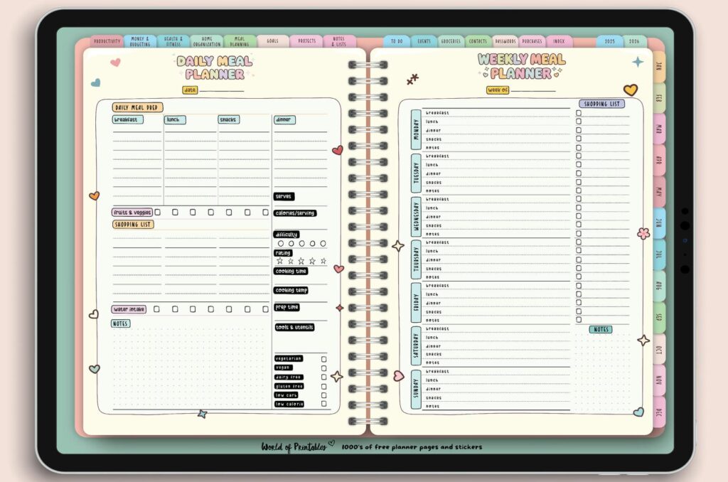 Daily Meal Planner and Weekly Meal Planner pages from the Candy Notes Digital Planner, featuring sections for meal prep, grocery lists, and weekly meal organization in a playful, colorful layout.