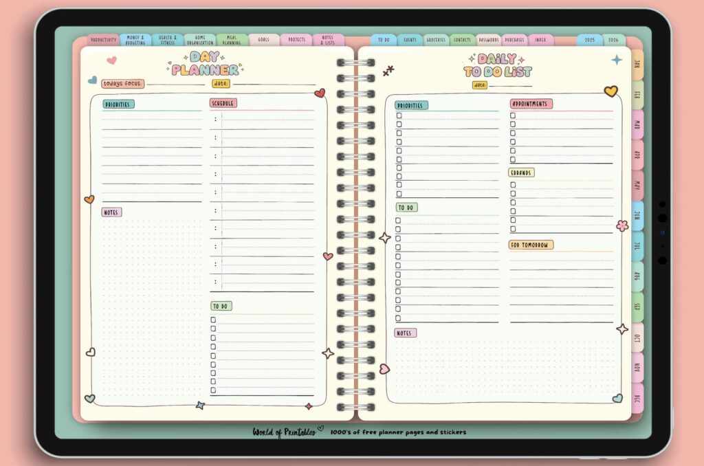 Day Planner and Daily To-Do List pages from the Candy Notes Digital Planner, offering sections for priorities, schedules, tasks, appointments, and notes in a vibrant and playful design.