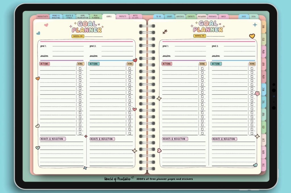 Goal Planner pages from the Candy Notes Digital Planner, featuring sections to set monthly goals, action steps, and reflections, all in a colorful and playful layout.