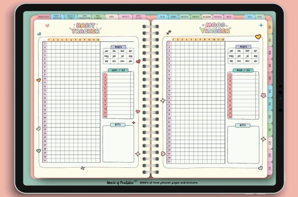Habit Tracker and Mood Tracker pages from the Candy Notes Digital Planner, designed for users to monitor daily habits and moods with customizable keys and colorful grid layouts.