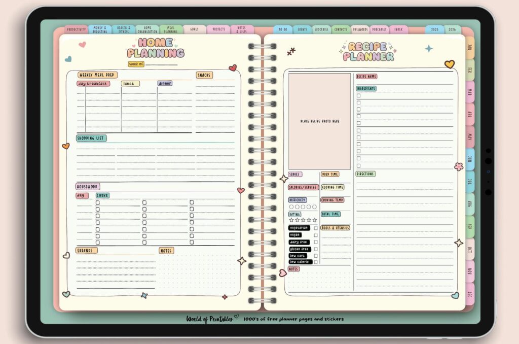 Home Planning and Recipe Planner pages from the Candy Notes Digital Planner, featuring sections for meal prep, housework, errands, and detailed recipe tracking in a colorful and organized layout.
