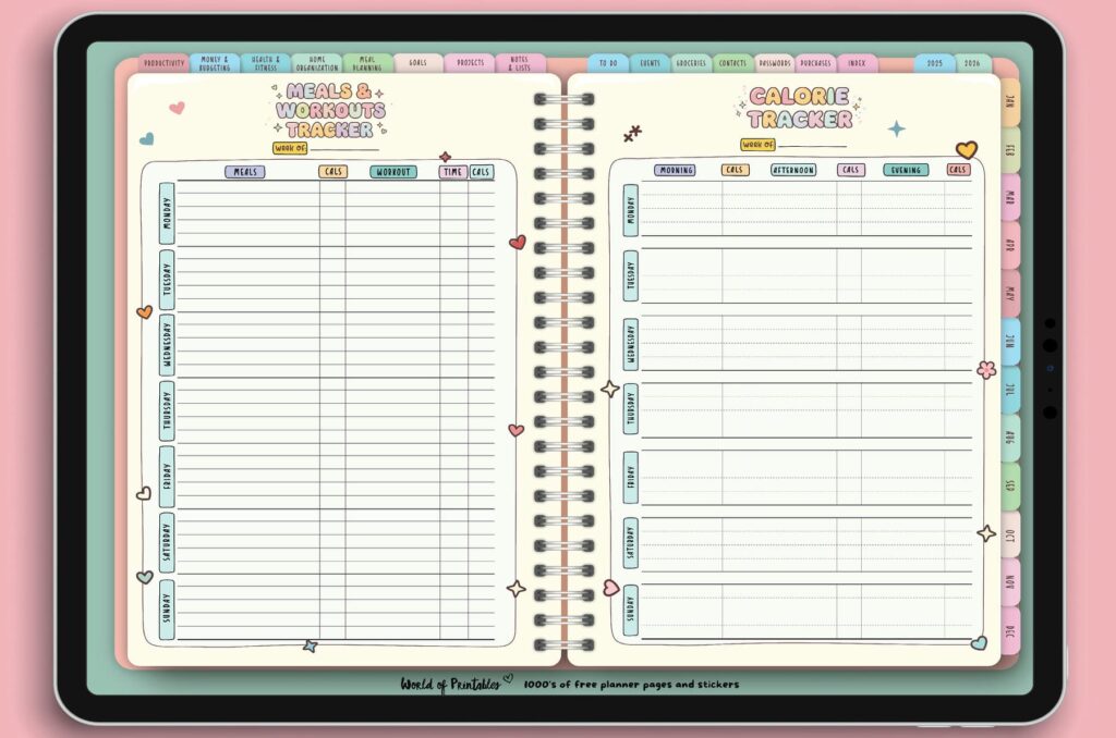 Meals & Workouts Tracker and Calorie Tracker pages from the Candy Notes Digital Planner, designed to log meals, workouts, calorie intake, and fitness progress in a colorful and organized format.