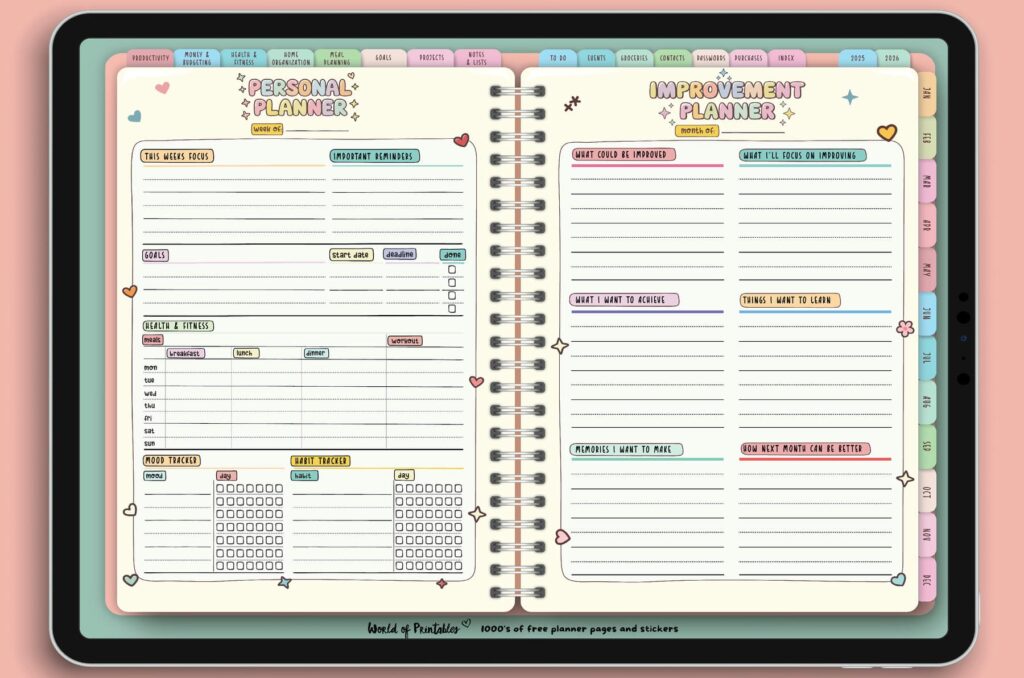 Personal Planner and Improvement Planner pages from the Candy Notes Digital Planner, featuring sections for weekly focus, goals, health tracking, self-reflection, and personal growth in a vibrant and creative layout.