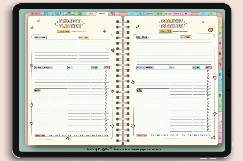 Project Planner page from the Candy Notes Digital Planner, featuring sections for project details, objectives, task tracking, resources, and progress monitoring in a colorful and organized layout.