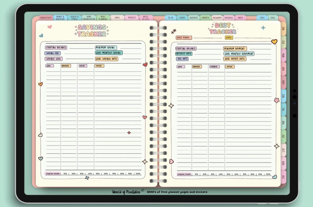 Savings Tracker and Debt Tracker pages from the Candy Notes Digital Planner, designed to help users set financial goals, track savings progress, and manage debt repayments in a clear and colorful layout.