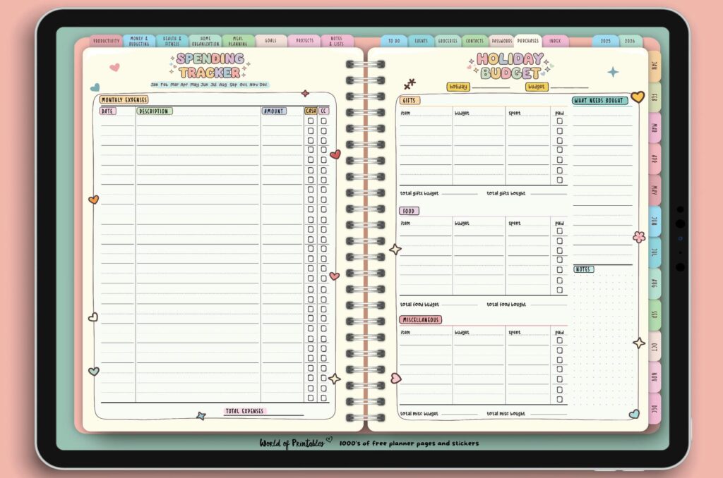 Spending Tracker and Holiday Budget pages from the Candy Notes Digital Planner, featuring sections to log expenses, manage budgets, and plan holiday spending with a clear and colorful layout.