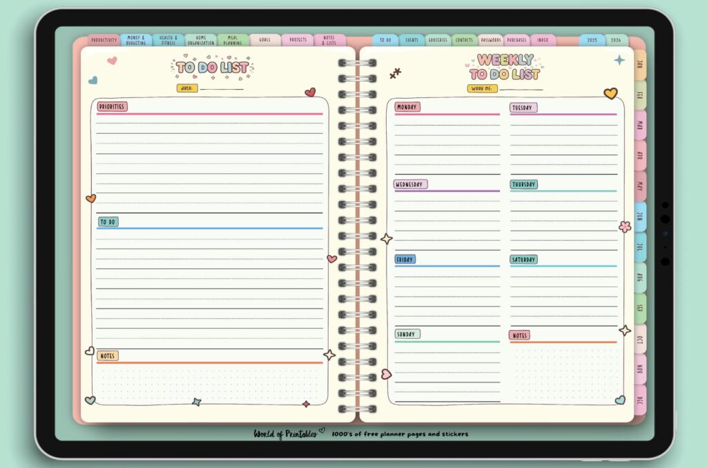 To-Do List and Weekly To-Do List pages from the Candy Notes Digital Planner, designed for task management with sections for daily priorities, errands, appointments, and weekly task organization in a vibrant layout.