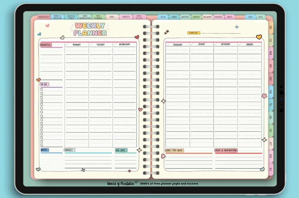 Weekly Planner page from the Candy Notes Digital Planner, featuring sections for daily tasks, weekly priorities, to-do lists, project deadlines, and creative brainstorming in a colorful and organized design.