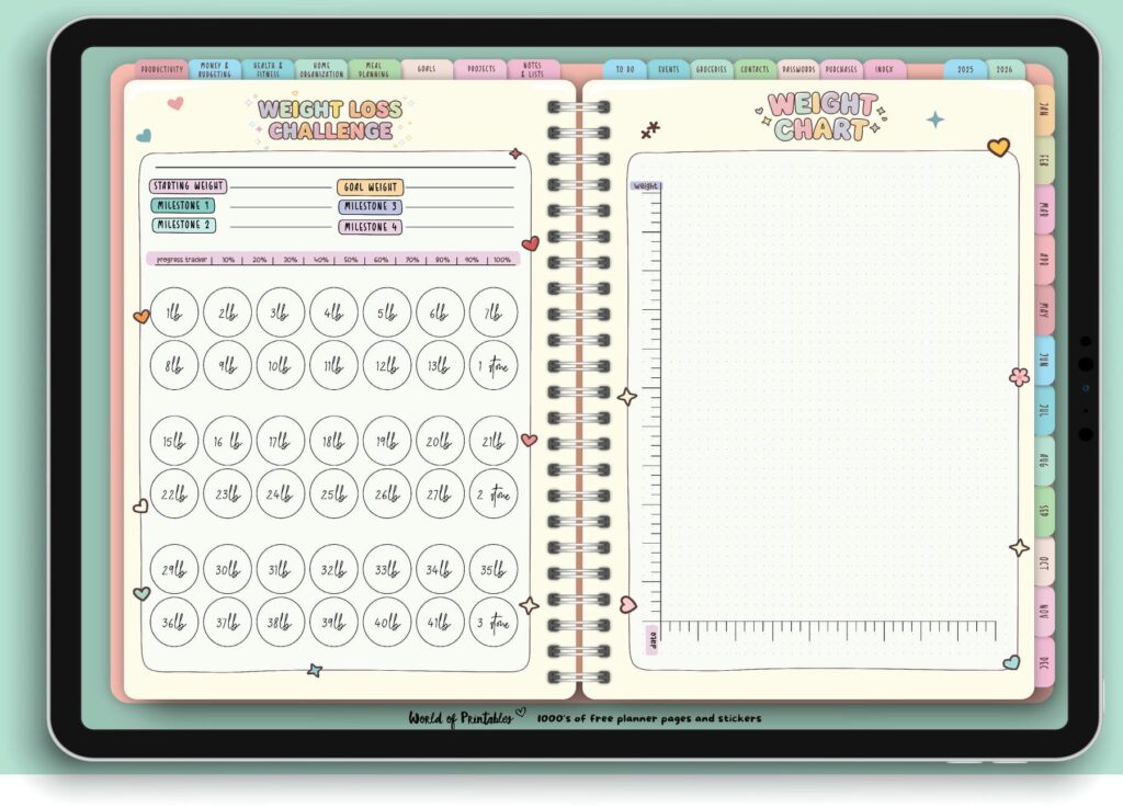 Weight Loss Challenge and Weight Chart pages from the Candy Notes Digital Planner, featuring sections for setting weight goals, tracking milestones, and visually mapping progress in a colorful and motivating design