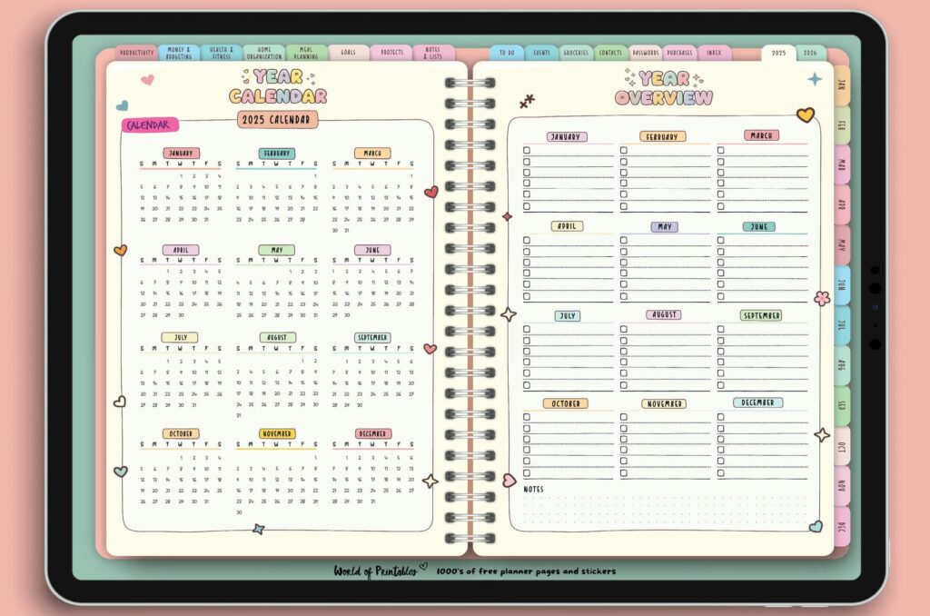 2025 Year Calendar and Year Overview from the Candy Notes Digital Planner, featuring a colorful, playful design with sections for important dates and monthly goals.