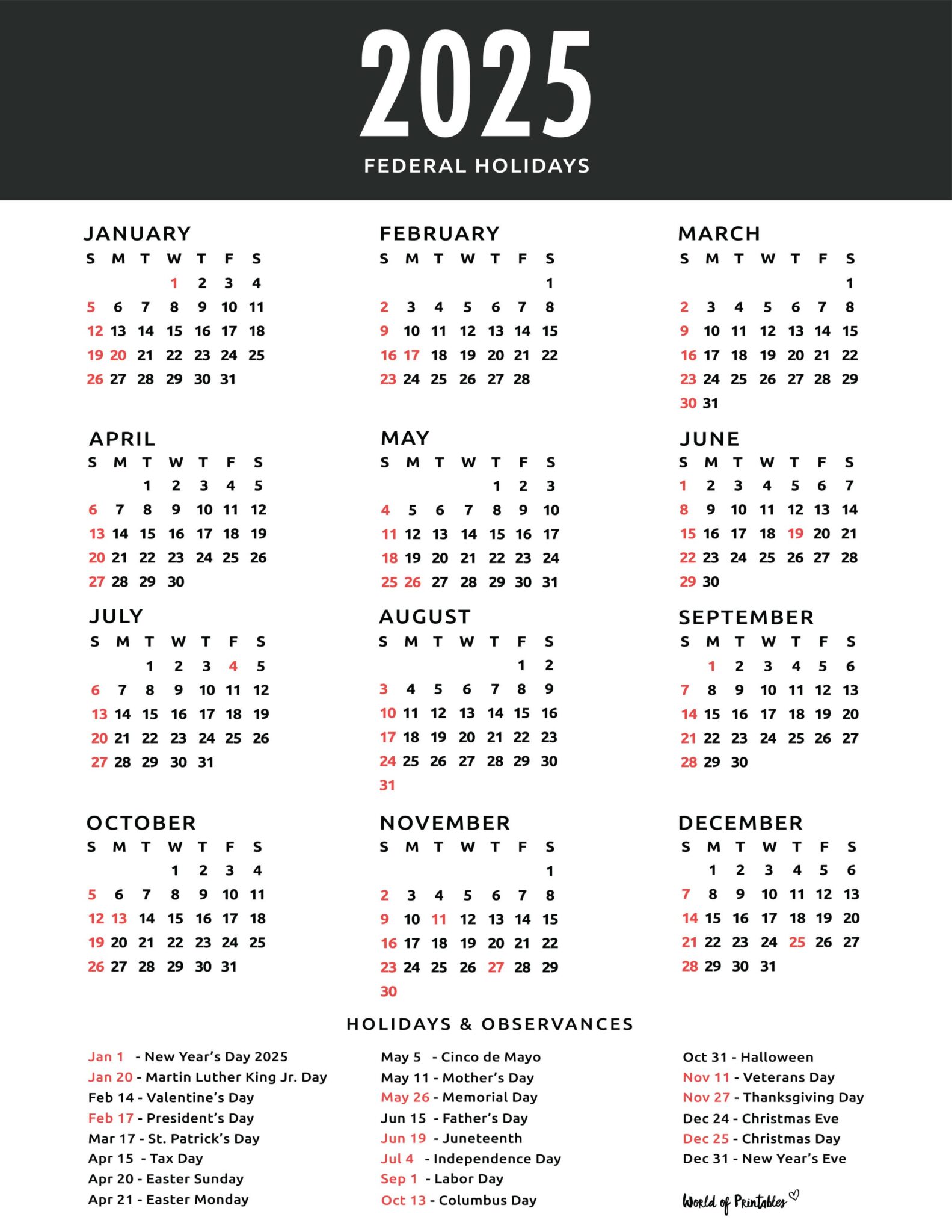 2025 Calendar With Holidays Free Printables in 28 Unique Styles