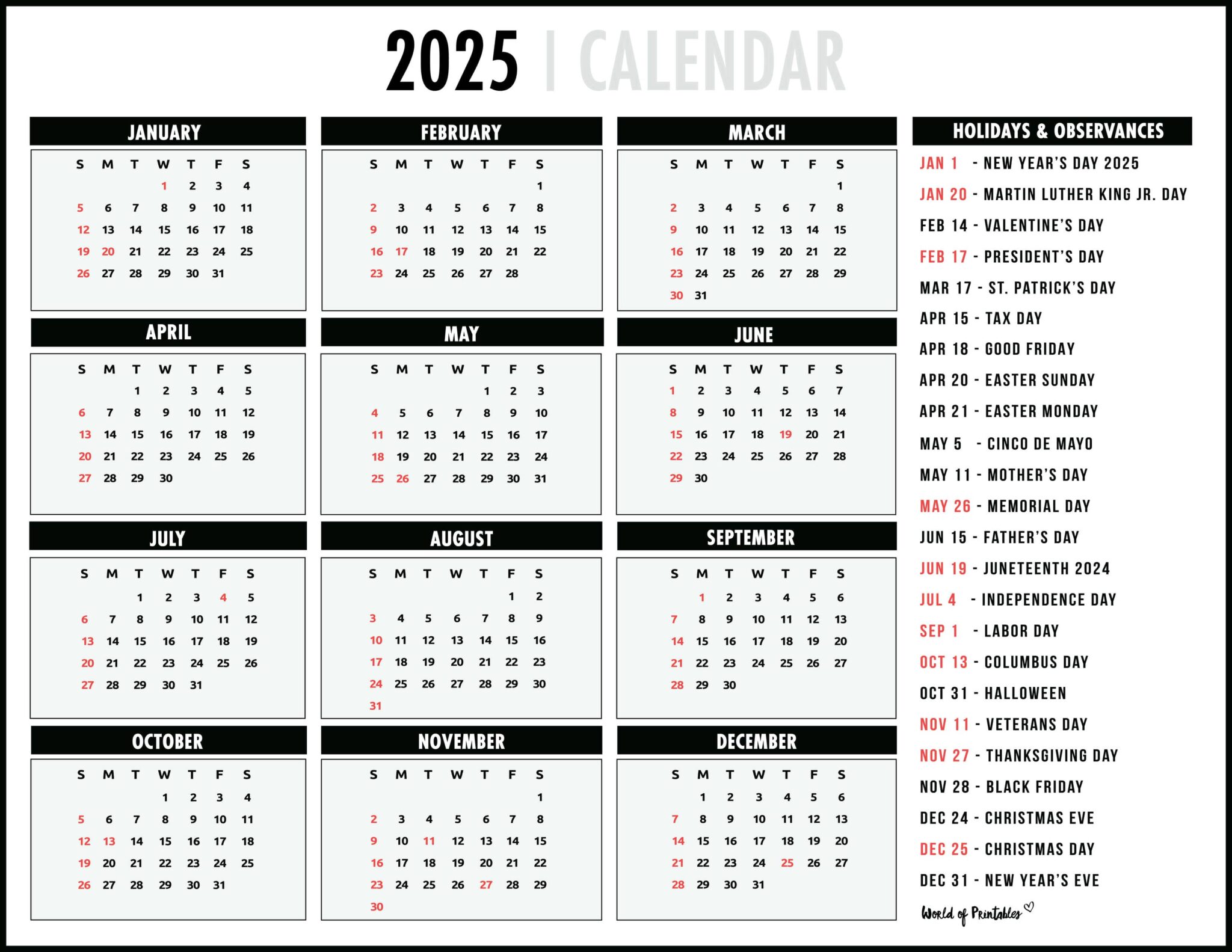 2025 Calendar With Holidays - Free Printables in 28 Unique Styles ...