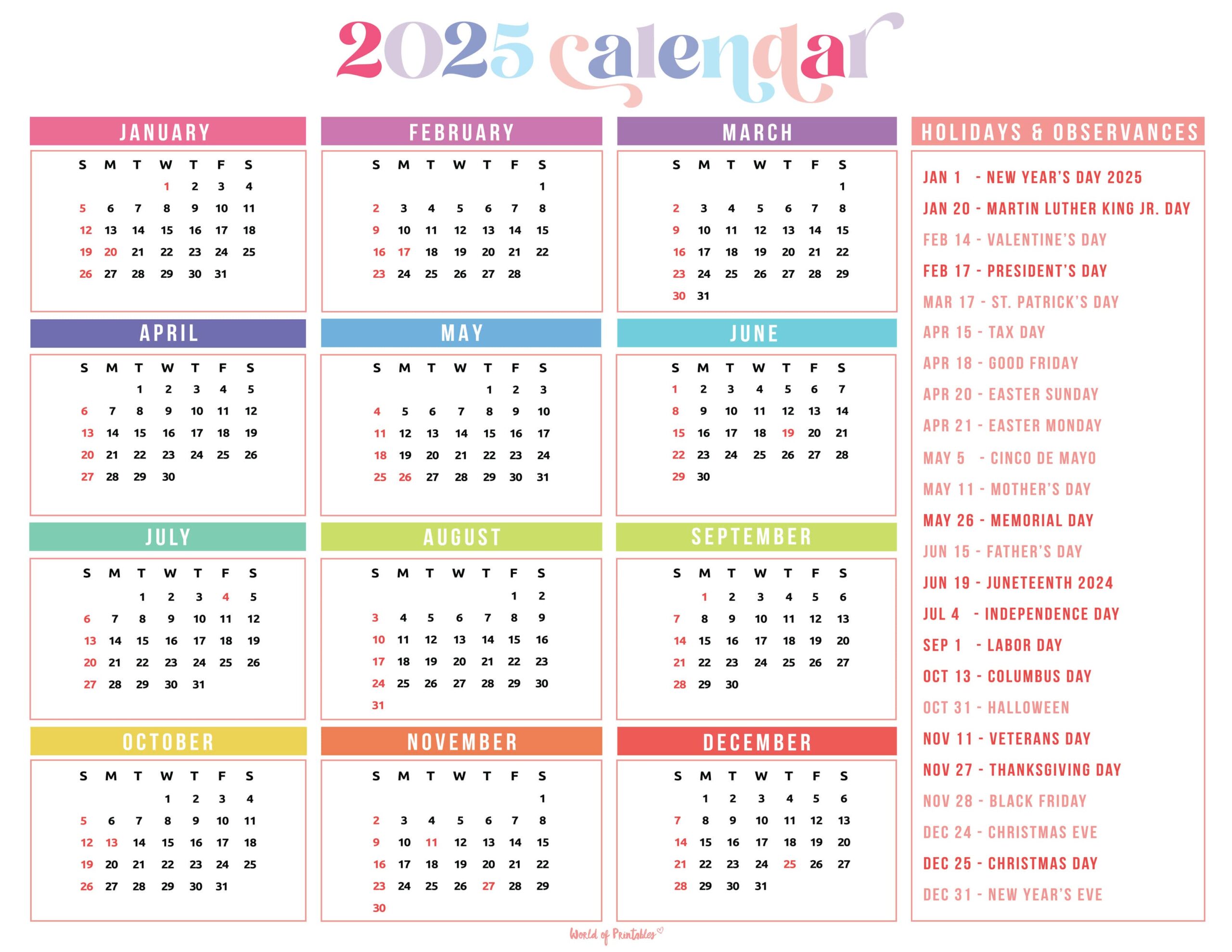 2025 Calendar With Holidays Free Printables In 28 Unique Styles