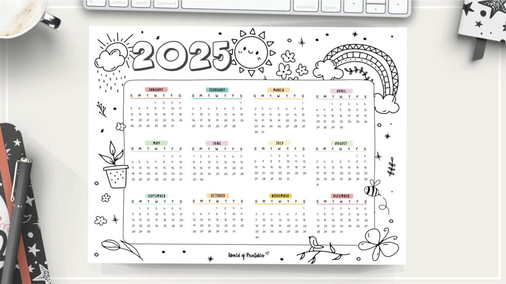 2025 year calendar coloring page