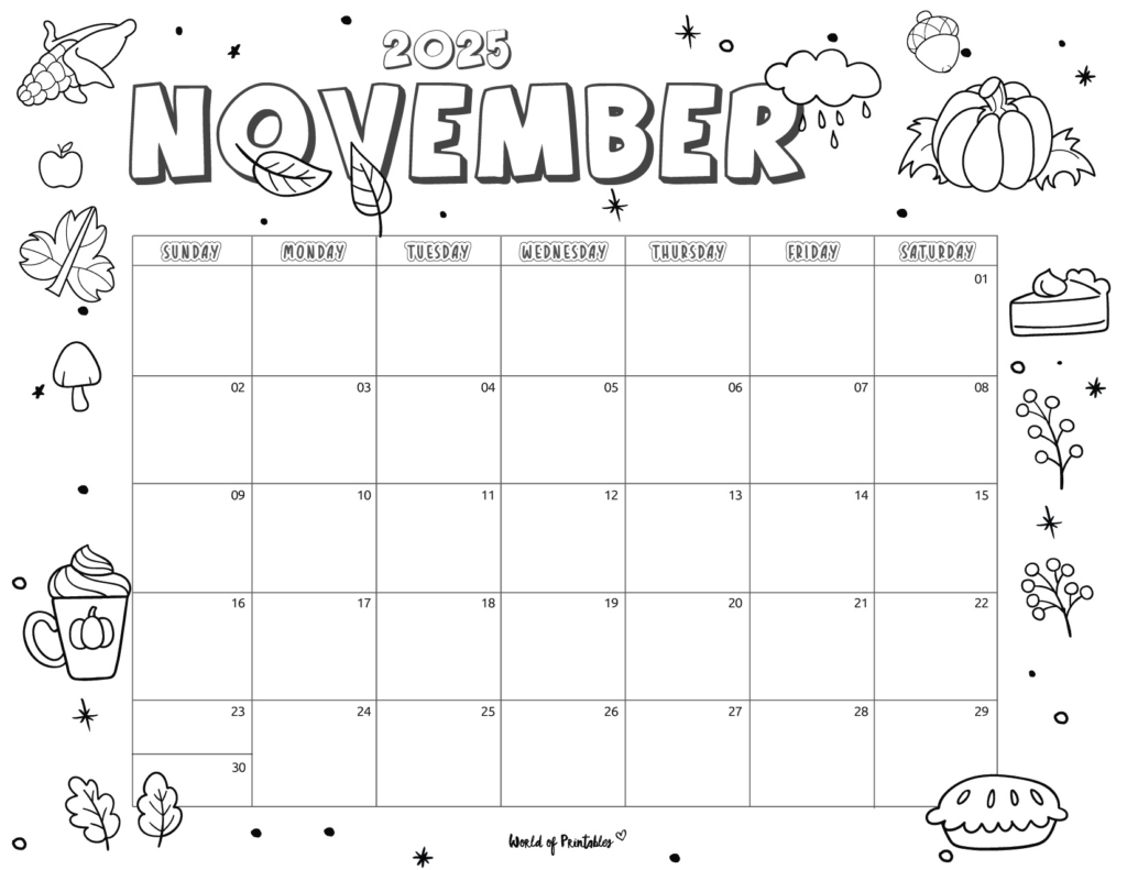 November 2025 Calendar With Cute Fall-Themed Doodles and Ample Writing Space