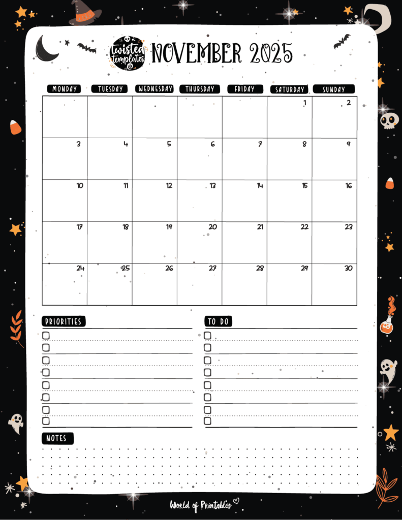November 2025 Calendar With Halloween Theme With Priorities and to-Do List and Notes