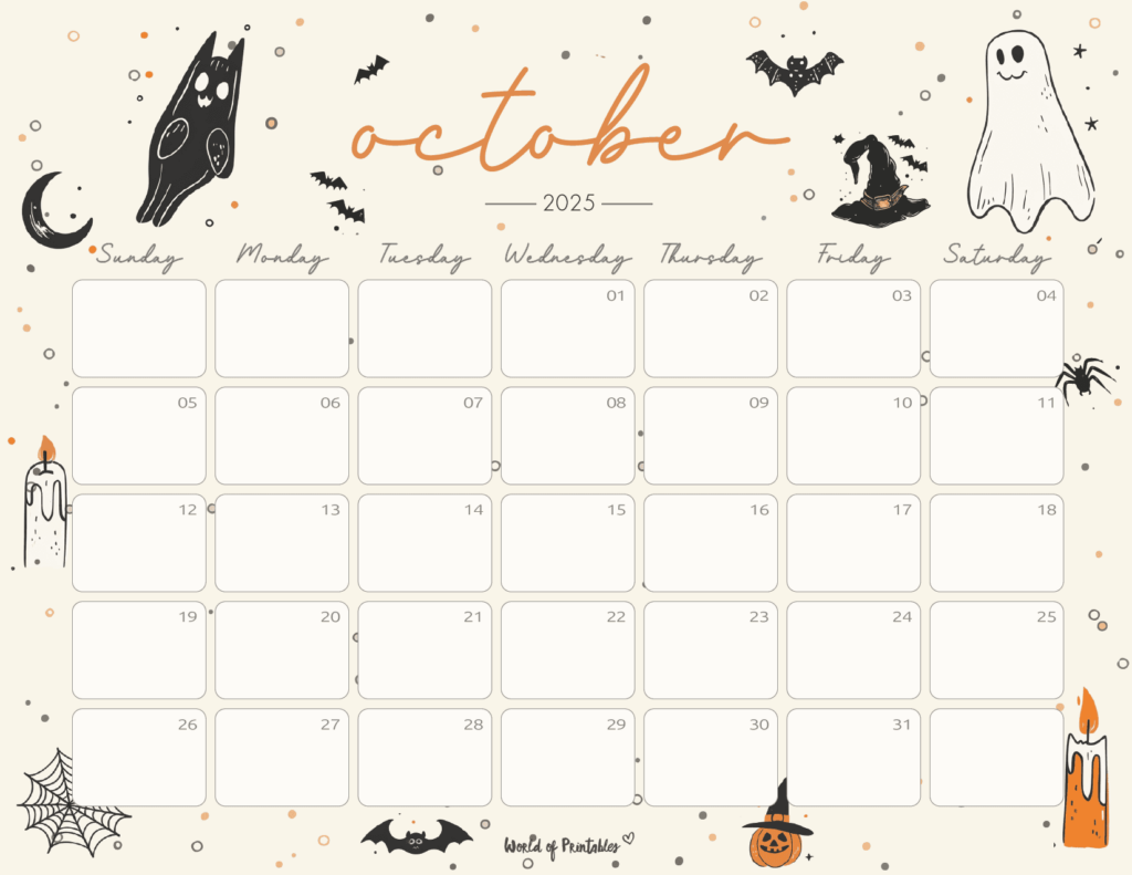 October 2025 Calendar With Hand-Drawn Halloween Elements and Soft Pastel Colors