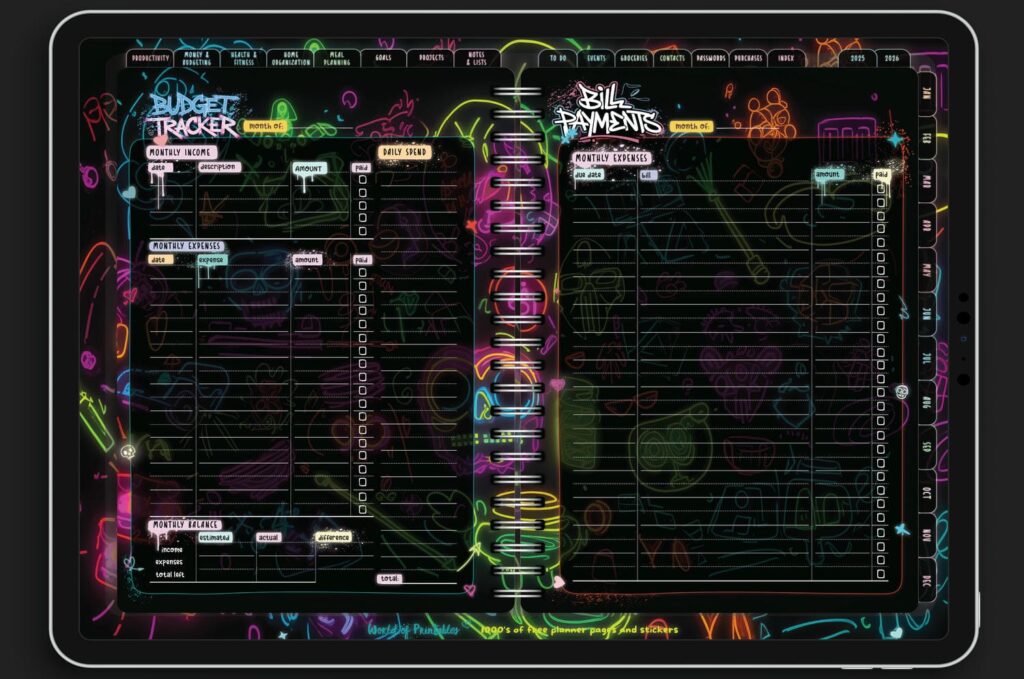 Budget tracker and bill payments spread in the Neon Notes Planner featuring sleek dark-mode design with neon accents for income, expenses, and payments
