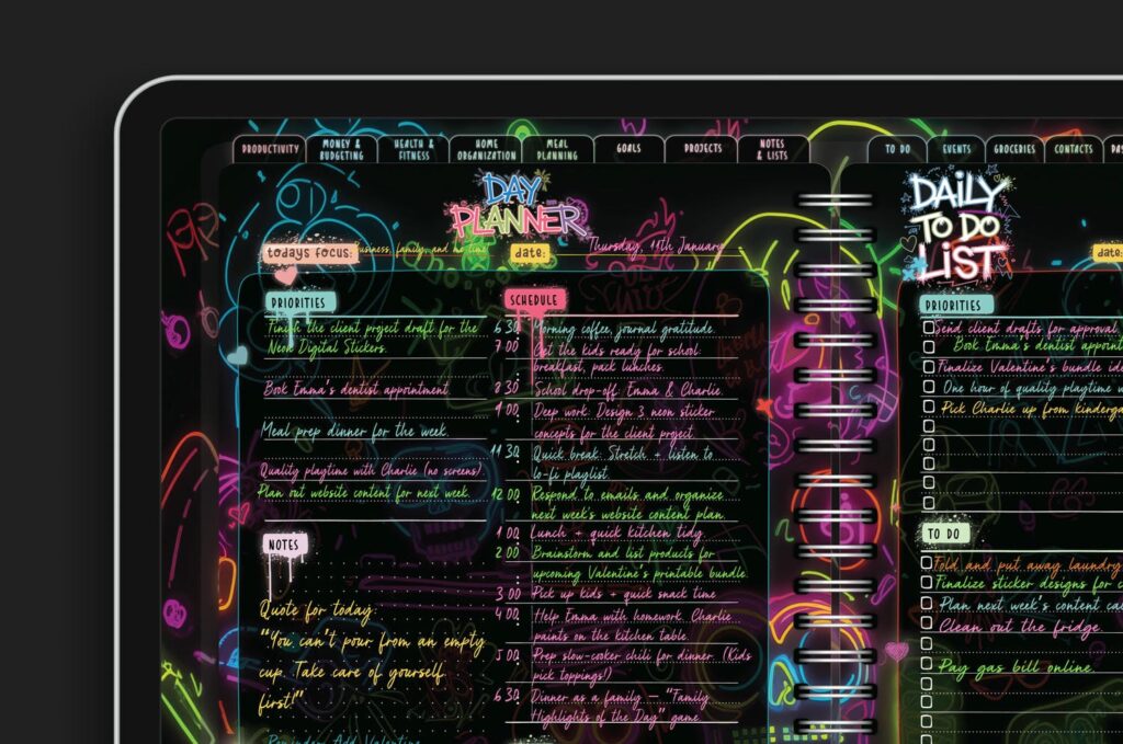 A close-up of a filled-in section of the Neon Notes Planner, highlighting the sleek dark-mode design, vibrant neon text, and creative customization possibilities