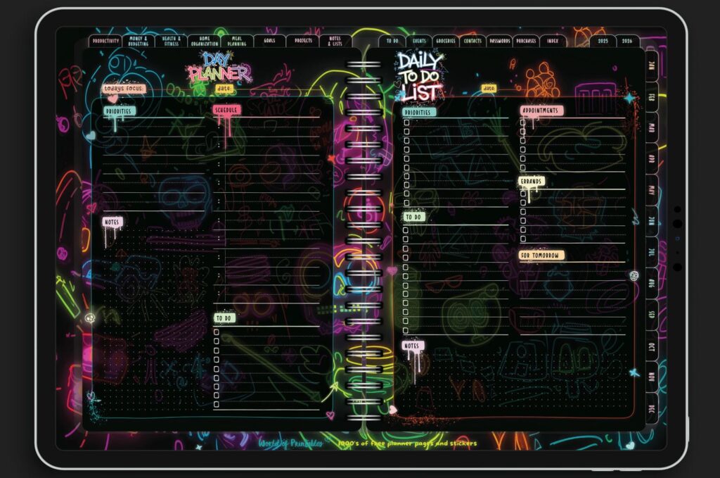 Neon Notes digital planner showing the daily planner and to-do list pages on a dark background with neon graffiti accents.